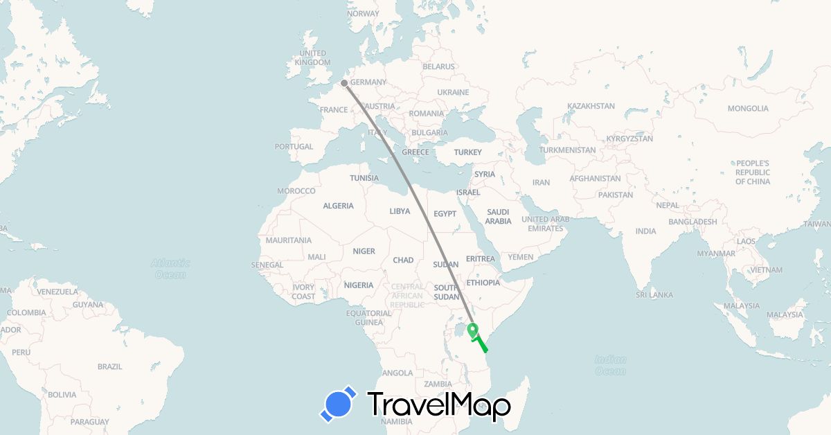 TravelMap itinerary: driving, bus, plane in Belgium, Tanzania (Africa, Europe)