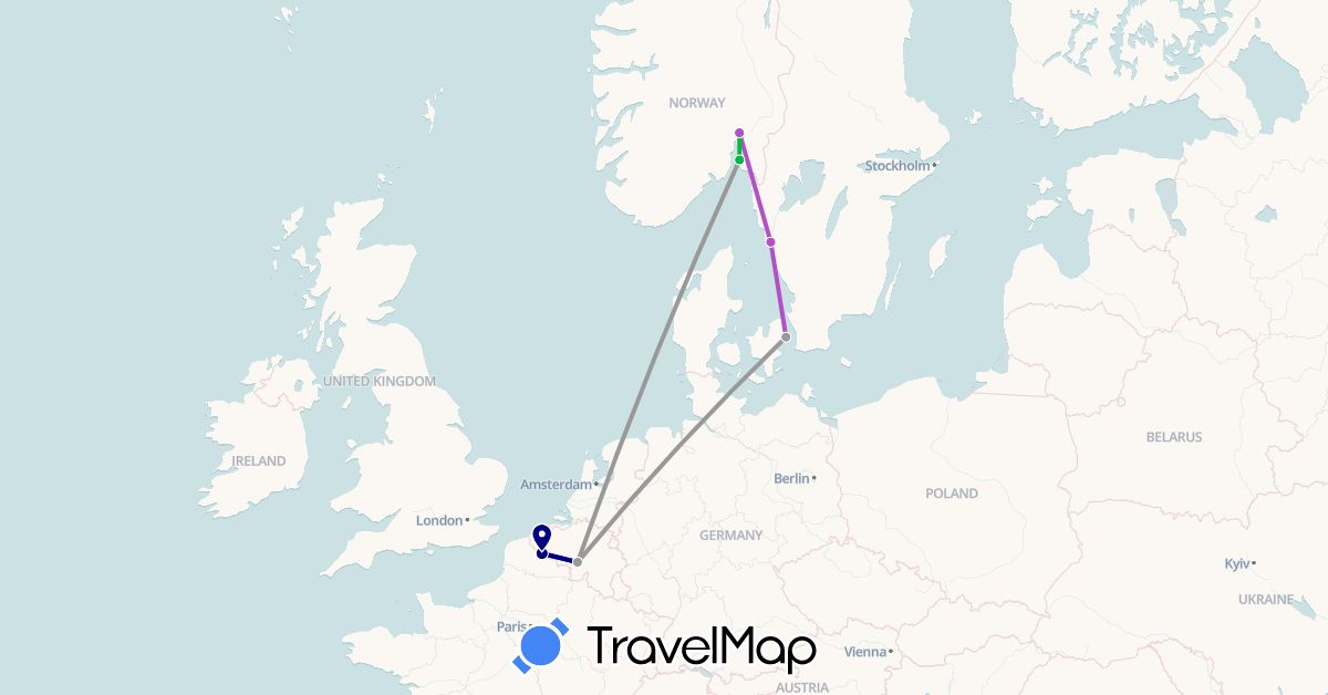 TravelMap itinerary: driving, bus, plane, train in Belgium, Denmark, France, Norway, Sweden (Europe)